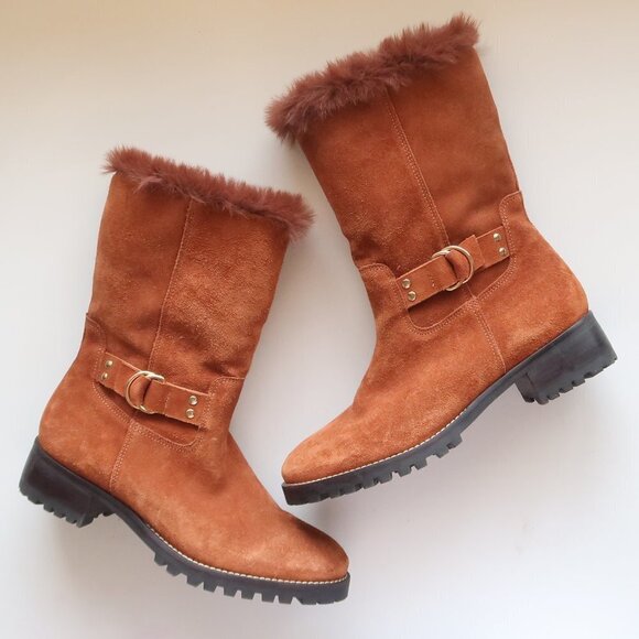 Talbots Tan / Light Brown Suede Leather & Fur Tall Half Calf Winter Boots Sz 7.5